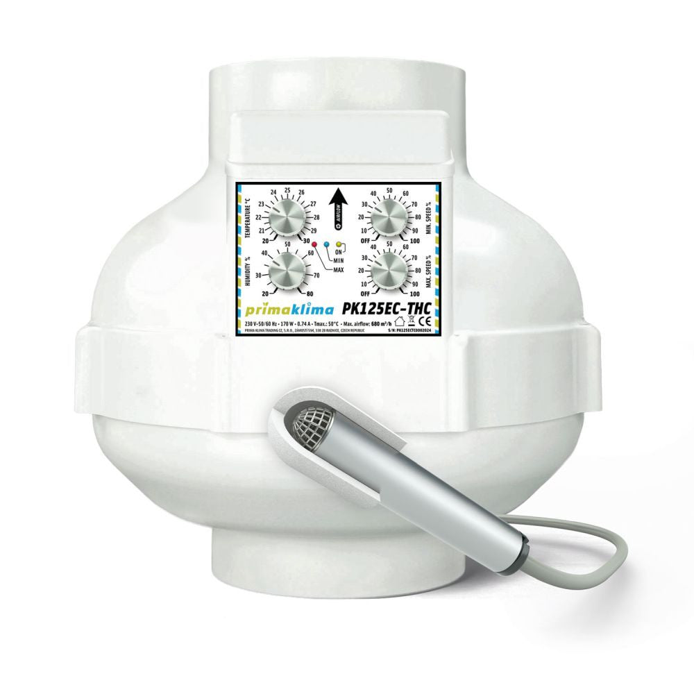 Prima Klima Rohrventilator EC-THC 125 mm - 680 m³/h, EC Motor + Temperatur- & Feuchtigkeitsregelung