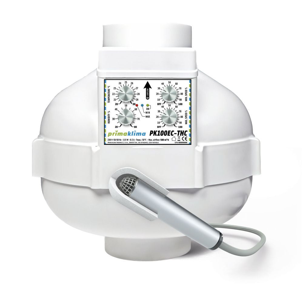 Prima Klima Rohrventilator EC-THC 100 mm - 580 m³/h, EC Motor + Temperatur- & Feuchtigkeitsregelung