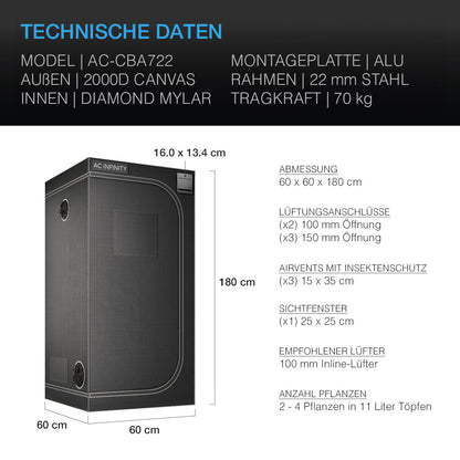 AC Infinity CLOUDLAB 722, Advance Grow Zelt 60 x 60 x 180 cm, 2000D Diamant Mylar Gewebe (Gen3) – Bild 2